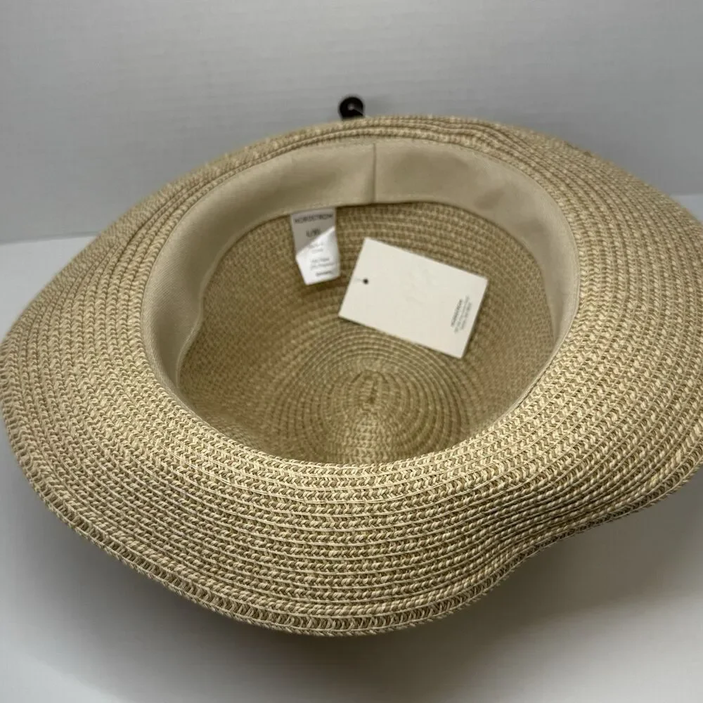 Nordstrom Packable Tan Woven Panama Hat Fedora W/Blk Brown Ribbon Sz L/XL New